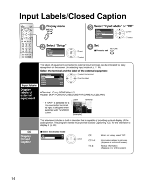 Page 1414
SetupLanguage
CC Input labels
Other adjustProgram channel 
Menu
Setup Lock
Audio Picture
Input labels
VCR
AUX
Video2 Video1
Video3
GAME
HDMISKIP
Comp.
CCModeoff
Video1
VCR
Label
[example] Terminal
Input Labels/Closed Caption
1
2
3
4
Display menu
Select “Setup”
Select “Input labels” or “CC”
Set
■ Press to exit   next
 select
 next
 select
Input labels
Display
labels of
external 
equipment
CC
Display
Closed 
Caption
The labels of equipment connected to external input terminals can be ind\
icated for...