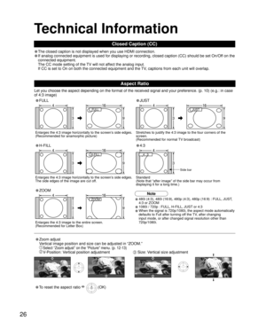 Page 2626
Technical Information
Closed Caption (CC)
Aspect Ratio
Let you choose the aspect depending on the format of the received signal\
 and your preference. (p. 10) (e.g.: in case 
of 4:3 image)
• The closed caption is not displayed when you use HDMI connection.
• If analog connected equipment is used for displaying or recording, close\
d caption (CC) should be set On/Off on the 
connected equipment.
The CC mode setting of the TV will not affect the analog input.
If CC is set to On on both the connected...