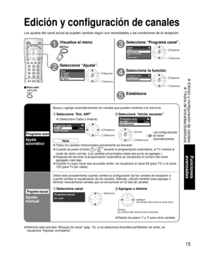 Page 4715
Funciones 
avanzadas
 Edición y configuración de canales
 Títulos de entradas/Subtítulos
AjusteIdioma
CC Títulos de entradas
Otros ajustesPrograma canal 
Programa canalPrograma autoPrograma manual
Menú
Ajuste Bloqueo
Audio Imagen
Programa autoEnt. ANT
Iniciar escaneoCable
Programa manual
Ent. canal              7
Programa auto Ent. ANT
Iniciar escaneoCable 
Programa auto
Ajuste 
automático
Programa manual
Ajuste 
manual
Busca y agrega automáticamente los canales que pueden recibirse a la \
memoria....