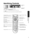 Page 99
Quick Start Guide
 Identifying  Controls Connection
Identifying Controls
• The TV consumes some power as long as the power cord is inserted into the wa\
ll outlet.
Note
Turns power On/Off
(used when the unit’s Power button is on)
Sets the remote to communicate with 
other equipment (p. 18)
Volume
Menu navigations
Selects channels in sequence 
Menu navigations
Displays Main Menu 
(p. 12-13)
Selects input mode (p. 11)
Displays or removes the channel banner (p. 10)
Switches to previously viewed channel...