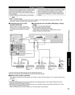 Page 3737
Advanced
 Recommended AV Connections
12ANT
AVIN
• Individual HDMI equipment may require additional menu settings specific to each model. Please refer to their 
respective operating instruction manuals.
• When audio from other equipment connected to this unit via HDMI is output using “DIGITAL AUDIO OUT” of this 
unit, the system switches to 2CH audio.
  (When connecting to an AV amp via HDMI, you can enjoy higher sound quality.) 
Note
HDMI cable
AUDIO
INHDMI
(AV OUT) HDMI
(AV OUT)
Panasonic RAM theater...