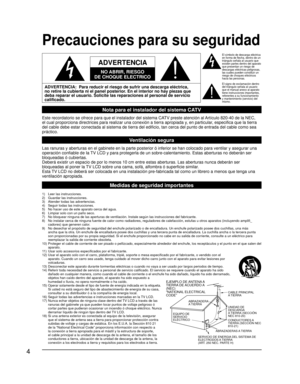 Page 604
ADVERTENCIA:  Para reducir el riesgo de sufrir una descarga eléctrica, 
no retire la cubierta ni el panel posterior. En el interior no hay piezas que 
deba reparar el usuario. Solicite las reparaciones al personal de servicio 
calificado.
ADVERTENCIA
NO ABRIR, RIESGO 
DE CHOQUE ELECTRICO
CABLE PRINCIPAL
A TIERRA
UNIDAD DE 
DESCARGA
A TIERRA (SECCIÓN
NEC 810-20)
CONDUCTORES A
TIERRA (SECCIÓN NEC
810-21)
ABRAZADERAS A TIERRA
SERVICIO DE ENERGIA DEL SlSTEMA DE 
ELECTRODOS A TIERRA
(ART. 250 NEC. PARTE H)...