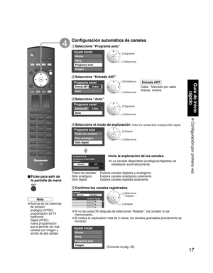 Page 7317
Guía de inicio 
rápido
 Configuración por primera vez
Programa canal 
CableEntrada ANT 
Auto 
Programa auto
Progreso Escaneando canales digital
Terminar40%
Títulos Favoritos Agregar
AceptarCancelara manual
... .
Sí
... .
Sí
... .
Sí
Ajuste inicial
Imagen
Idioma
Reloj
Programa auto
Programa canal 
CableEntrada ANT 
Auto 
Programa auto
Todos los canales
Sólo analógico
Sólo digital
Ajuste inicial
Imagen
Idioma
Reloj
Programa auto
 Siguiente
 Seleccione 
 Seleccione 
“Aceptar”.
 Aceptar
 Siguiente...