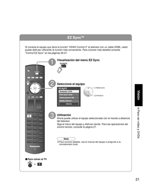 Page 7721
Visión
 Para ver vídeo y DVDs
EZ SyncTM
Cine para casa 
Videocámara HD 
Salida altavoz
Grabador DVD 
Interno
Visualización del menú EZ Sync 
Utilización
Ahora puede utilizar el equipo seleccionado con el mando a distancia 
del televisor.
Siga el menú del equipo y disfrute viendo. Para las operaciones del 
control remoto, consulte la página 27.
Seleccione el equipo
3
1
2
 Seleccione
 Introducir
Si conecta el equipo que tiene la función “HDAVI Control 2” al televisor con un cable HDMI, usted 
puede...