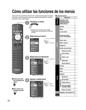 Page 7822
Menú ElementoEZ Sync
Grabador DVD, 
Cine para casa, 
Videocámara HD,
Salida altavoz
Imagen
Normal
Modo
Luz de atrás
Contraste, Brillo,
Color, Tinte,Nitidez
Temp. color
Admi. colores
Imagen IA
Ajuste acercamiento
Otros ajustes
Reduc de ruido
3D Y/C filtro 
Matriz color
MPEG NR
Nivel obscuro
Audio
Normal
Bajos
Altos
Balance
Otros ajustes
Sonido IA
Envolvente
Salida altavoz
Entrada HDMI 1
Entrada HDMI 2
Norm. de audio
CronómetroApagado, Cronómetro1-5
Bloqueo
Imagen 1/2 
Normal 
Modo 
Luz de atrás...