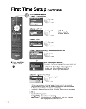 Page 1414
■ Press to exit from 
a menu screen
Auto channel setup
 Select “Auto program”
First time setup
Language
Clock
Auto program
 next
 select
 Select “ANT in”
Program channel
CableANT in
Auto
 set
 select
  ANT in  
Cable:  Cable TV
Antenna:  Antenna
 Select “Auto”
Program channel
CableANT in
Auto
 next
 select 
 Select scanning mode (ALL channels/Analog only/Digital only)
Auto program
All channels
Analog only
Digital only
 ok
 select
Auto programProgressNamber of analog channels
Namber of digital...