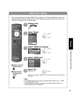 Page 2121
Viewing
 Watching Videos and DVDs
VIERA LinkTM Setting
If you connect equipment that has “HDAVI Control” function to a TV with HDMI cable, you can use 
more convenient functions. Please refer to p. 26-29. Before using these \
functions, you need to set 
“VIERA Link” setting to “On” as shown below.
■ Press to exit from 
a menu screen
■ Press to return 
to the previous 
screen
Display menu
Select “Setup”
Menu
VIERA Link
Lock
Setup SD card
CC
 select
 next
Select “VIERA Link setting”
Setup2/2
VIERA Link...