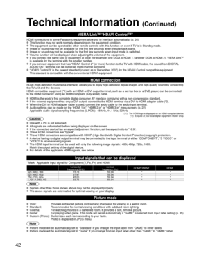 Page 4242
Technical Information (Continued)
VIERA LinkTM “HDAVI ControlTM”  
HDMI connections to some Panasonic equipment allow you to interface auto\
matically. (p. 26)
 This function may not work normally depending on the equipment condition\
. The equipment can be operated by other remote controls with this functio\
n on even if TV is in Standby mode. Image or sound may not be available for the first few seconds when the p\
layback starts. Image or sound may not be available for the first few seconds when...
