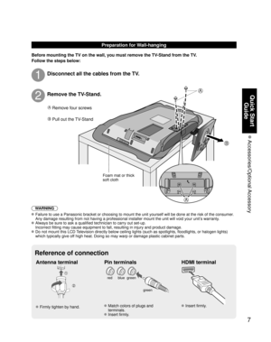 Page 77
Quick Start Guide
 Accessories/Optional Accessory
A 
B
A
Preparation for Wall-hanging
Before mounting the TV on the wall, you must remove the TV-Stand from the TV.
Follow the steps below:
WARNING
 Failure to use a Panasonic bracket or choosing to mount the unit yoursel\
f will be done at the risk of the consumer.
  Any damage resulting from not having a professional installer mount the \
unit will void your unit’s warranty.
 Always be sure to ask a qualified technician to carry out set-up.
  Incorrect...