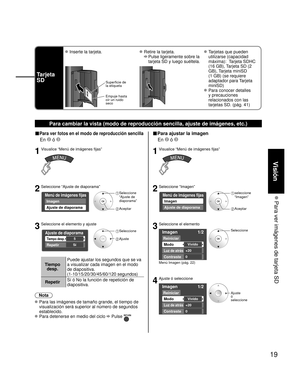 Page 6919
Visión
 Para ver imágenes de tarjeta SD
Tarjeta 
SD
 Inserte la tarjeta. Retire la tarjeta.
 
  Pulse ligeramente sobre la 
tarjeta SD y luego suéltela.
 Tarjetas que pueden  utilizarse (capacidad 
máxima):  Tarjeta SDHC 
(16 GB), Tarjeta SD (2 
GB), Tarjeta miniSD 
(1 GB) (se requiere 
adaptador para Tarjeta 
miniSD)
 Para conocer detalles y precauciones 
relacionados con las 
tarjetas SD. (pág. 41)
Superficie de
la etiqueta
Empuje hasta 
oír un ruido 
seco
Para cambiar la vista (modo de reproducción...