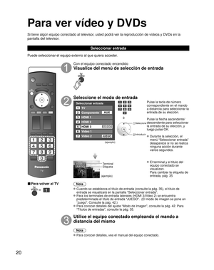 Page 7020
Para ver vídeo y DVDs
Si tiene algún equipo conectado al televisor, usted podrá ver la reproducción de vídeos y DVDs en la 
pantalla del televisor.
Seleccionar entrada
Puede seleccionar el equipo externo al que quiera acceder. 
■ Para volver al TV
   
Con el equipo conectado encendido
Visualice del menú de selección de entrada
Seleccione el modo de entrada
Seleccionar entrada
2
3
4
5
TV
Componente
HDMI 1
HDMI 2
Video 2
7Video 1
6HDMI 3
JUEGO
1
AUX
JUEGO
(ejemplo)
ó
 Seleccione
 Introducir
Pulse la...