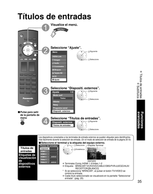 Page 8535
Funciones 
avanzadas
 Títulos de entradas
 Subtítulos
Títulos de entradas
Títulos de 
entradas
Etiquetas de 
visualización 
de 
dispositivos 
externos
Los dispositivos conectados a los terminales de entrada externos se pued\
en etiquetar para identificarlos 
más fácilmente durante la selección de entrada. (En el modo de\
 selección de entrada de la página 20 
)
■ Seleccione el terminal y la etiqueta del equipo externo.
Custom
3
4
-
-
Títulos de entradas
Componente
HDMI 1
HDMI 2
HDMI 3
-Video 1
Video...