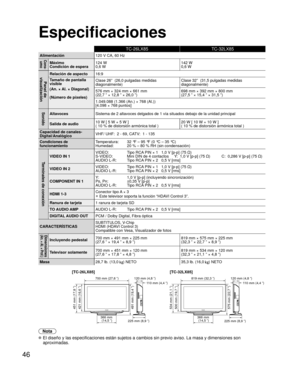 Page 9646
TC-26LX85TC-32LX85
Alimentación120 V CA, 60 HzCons-
umoMáximo
Condición de espera  124 W
0,6 W 142 W
0,6 W
Panel de 
visualización
Relación de aspecto 16:9
Tamaño de pantalla 
visible
(An. × Al. × Diagonal)
(Número de píxeles) Clase 26”  (26,0 pulgadas medidas 
diagonalmente)
Clase 32”  (31,5 pulgadas medidas 
diagonalmente)
576 mm × 324 mm × 661 mm
(22,7 ” × 12,8 ” × 26,0 ”) 698 mm × 392 mm × 800 mm
(27,5 ” × 15,4 ” × 31,5 ”)
1.049.088 (1.366 (An.) × 768 (Al.))
[4.098 × 768 puntos]
SonidoAltavoces...