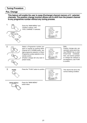 Page 2121
Tuning Procedure
Pos. Change
This feature will enable the user to swap (Exchange) channel memory of 2  selected
channels. The position change function allows one to shift from the present channel
to any programme number without any tuning process.
    1.
1   PRESET
AUTO TUNE
MANUAL TUNE
SOUND SYS 5.5MHz
COLOUR SYS AUTO
FINE TUNE
SKIP OFF
POS. CHANGE 1
GEOMAGNETIC 8
1   PRESET
AUTO TUNE
MANUAL TUNE
SOUND SYS 5.5MHz
COLOUR SYS AUTO
FINE TUNE
SKIP OFF
POS. CHANGE 12
GEOMAGNETIC 8
Note:
Position change...