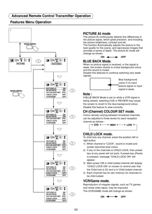 Page 2424
1
If BLUE BACK Mode is set on while a VCR signal is
being viewed, selecting CUE or REVIEW may cause
the screen to revert to the blue background colour.
Disable this feature to view correctly.
Note :
Colour density varying between broadcast channels
can be adjusted to three levels for each reception
channel as follows :
CH (Channel) COLOUR SET mode.
To child lock any channel, press the position left or
right button.
1)  When channel is "LOCK", sound is muted and
screen becomes blue colour.
2)...