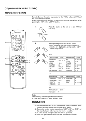 Page 2727
Operation of the VCR / LD / DVD
Manufacturer Setting
2.While pressing the VCR/LD/DVD Power
button, press the manufacturer code setting
(enter the two digit code), and press the VCR/
LD/DVD Stop button.
Remote Control Operation is possible for the VCR’s, LD’s and DVD’s of
the various manufacturers.
After completion of setting, execute the various operations after
pushing the VCR or the LD/DVD button.
1.Press the button of the unit to be set (VCR or
LD/DVD).
Note:
After setting, execute operation...