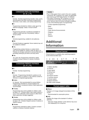 Page 25Ratings List for Parental Control  |  Additional Information
25English
ntain uage 
n ce, 
t 
aterial 
erial 
CANADIAN ENGLISH RATINGS [C. E. L. R.]
■E
Exempt - Exempt programming includes: news, sports, 
documentaries and other information programming, 
talk shows, music videos, and variety programming.
■C
Programming intended for children under age 8. No 
offensive language, nudity or sexual content.
■C8+
Programming generally considered acceptable for 
children 8 years and over. No profanity, nudity or...