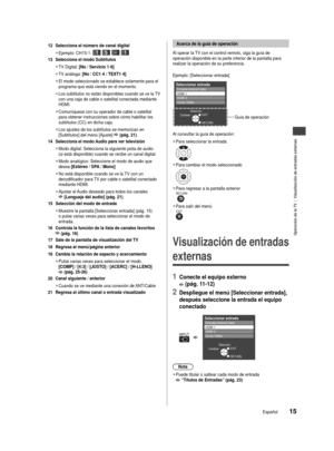 Page 15Operación de la TV  |  Visualización de entradas externas
15Español
ado, a.
s 
o al / 
la 
na 
a guía enú. 12 Selecciona el número de canal digital
 
●Ejemplo: CH15-1:    13  Selecciona el modo Subtítulos
 
●TV Digital: [No / Servicio 1-6]
 
●TV análoga: [No / CC1-4 / TEXT1 -4]
 
●El modo seleccionado se establece solamente para el 
programa que está viendo en el momento.
 
●Los subtítulos no están disponibles cuando se ve la TV 
con una caja de cable o satelital conectada mediante 
HDMI.
 
●Comuníquese...