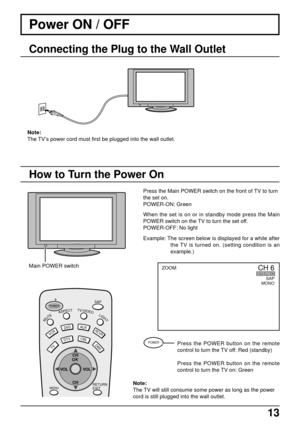 Page 1313
Power ON / OFF
Connecting the Plug to the Wall Outlet
Note:
The TV’s power cord must first be plugged into the wall outlet.
How to Turn the Power On
Press the Main POWER switch on the front of TV to turn
the set on.
POWER-ON: Green
When the set is on or in standby mode press the Main
POWER switch on the TV to turn the set off.
POWER-OFF: No light
Example: The screen below is displayed for a while after
the TV is turned on. (setting condition is an
example.)
Press the POWER button on the remote
control...