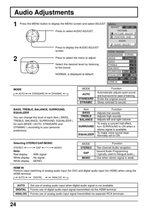 Page 2424
Audio Adjustments
Press the MENU button to display the MENU screen and select ADJUST.1
2
Press to select AUDIO ADJUST.
Press to display the AUDIO ADJUST
screen.
Press to select the menu to adjust.
Select the desired level by listening
to the sound.
NORMAL is displayed at default.CH
CH VOL VOLO K
CH
CH VOL VOLO K
MODE
SAP MONO STEREO
Note:
Red display : With signal
White display : No signal
White display : MONO
Selecting STEREO/SAP/MONO
Item
BASS
TREBLE
BALANCE
SURROUND
EQUALIZER
BASS, TREBLE, BALANCE,...