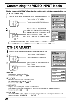 Page 3030
Press to select OTHER ADJUST.
Press to access OTHER ADJUST. Press the MENU button to display the MENU screen and select SET UP.
1
2
CH
CH VOL VOLO K
Customizing the VIDEO INPUT labels
Press to select the item that you would
like to change.3
CH
CH VOL VOLOKPress to select desired condition.
OTHER ADJUST
Display for each VIDEO INPUT can be changed to match with the connected device
(VCR, DVD Player etc.).
Press to select INPUT LABEL.
Press to display the INPUT LABEL screen.
1Press the MENU button to...