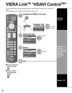 Page 30
30
Speaker 
control
VIERA Link
control
only with the 
TV’s remote 
control
(for “HDAVI 
Control 2 or 
later”) 
Back to TV
VIERA LinkTM “HDAVI ControlTM”
You can enjoy more convenient operation with the “HDAVI Control” function in the “VIERA Link” 
menu.
For more details on the “HDAVI Control” function, refer to p. 26
 Press to exit from a menu screen
 Press to return to the previous 
screen
Display the VIERA Link menu
VIERA Link
 select
 next
or
Select the item
Recorder
TV
VIERA Link control
Speaker...