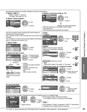 Page 35
35
Advanced
 Editing and Setting Channels
Automatically searches and adds available channels to the memory.
 Select “ANT in”    Select “Cable” or “Antenna” 
Or select “Not used” (p. 13). 
 Select “Auto program”
MenuCableANT/Cable setupANT in
Auto program
Manual program
Signal meter next
 select
 Select a scanning mode (p. 13)MenuAuto programAll channels
Analog only
Digital only OK
 select
Settings are made automatically  After the scanning is completed, select “Apply”.
(see below ). All previously saved...