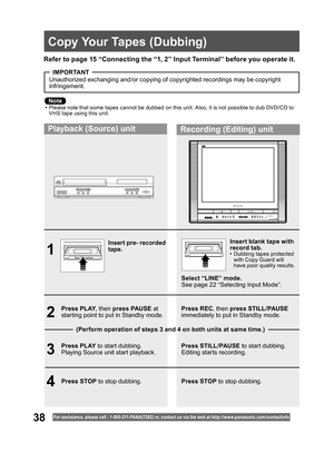 Page 3838For assistance, please call : 1- 800-211- PANA(7262) or, contact us via the web at:http://w w w.panasonic.com /contactinfo
1
Insert pre- recorded 
tape.Insert blank tape with 
record tab.
•  Dubbing tapes protected 
with Copy Guard will 
have poor quality results.
2
3
4Press PLAY, then press PAUSE at 
starting point to put in Standby mode.
Press PLAY to start dubbing.
Playing Source unit start playback.
Press STOP to stop dubbing.Select “LINE” mode.
See page 22 “Selecting Input Mode”.
Press REC, then...