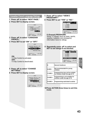 Page 4343
TV / VCR 
Operation
  Canadian French Language Ratings
9 Repeatedly press ▲▼ to select and 
SET to set ratings to be blocked. 
10 Press ACTION three times to exit this 
mode. 1 Press ▲▼ to select “NEXT PAGE.”
2  Press SET to display screen.
LOCK
US MOVIES :OFF
CHANGE SETTINGS
US TV PROGRAMS :OFF
CHANGE SETTINGS
NEXT PAGE
SELECT: SET:SET
END :ACTION
3 Press ▲▼ to select “CANADIAN 
FRENCH.”
4  Press SET to set “ON” or “OFF.”
ON:
V-Chip Control is activated.
OFF:
V-Chip Control is deactivated.
5 Press ▲▼...