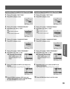 Page 3333
TV/VCR Operation
  Canadian English Language Ratings
1 Press ▲▼ to select “NEXT PAGE.”
2  Press SET to display screen.
3 Press ▲▼ to select “CANADIAN ENGLISH.”
4  Press SET to set “ON” or “OFF.”
ON:
V-Chip Control is activated.
OFF:
V-Chip Control is deactivated.
