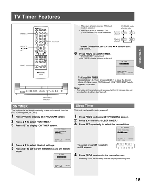Page 1919
TV Operation
This unit can be set to automatically power on in one of 3 modes 
(TV, VCR Playback, or Disc.)Note:
•  If no button on the remote or unit is pressed within 60 minutes after unit 
turns itself on, it will turn itself back off.
1  Press PROG to display SET PROGRAM screen.
To Cancel ON TIMER,
Repeat steps 1-3. Then, press ADD/DLT to clear the time in 
steps 4-5. Now, press PROG to end. “ON TIMER END” briefly 
appears on-screen.
2 Press ▲▼ to select “ON TIMER.”
3  Press SET to display ON...