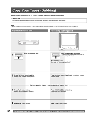 Page 3030For assistance, please call : 1-800-211-PANA(7262) or, contact us via the web at:http://www.panasonic.com/contactinfo
1
Insert pre- recorded tape.Insert blank tape with record tab.•  Dubbing tapes protected with Copy Guard will 
have poor quality results.
2
3
4Press PLAY, then press PAUSE at 
starting point to put in Standby mode.
Press PLAY to start dubbing.
Playing Source unit starts playback.
Press STOP to stop dubbing.Select “LINE” mode.
See page 16 “Selecting Input Mode”.
Press REC, then press...