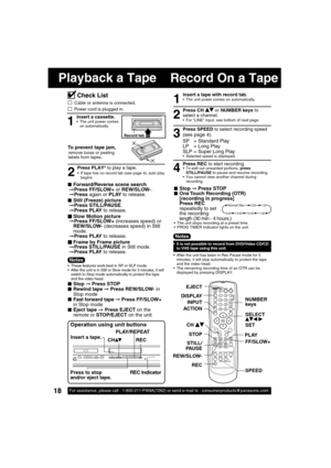 Page 1818For assistance, please call : 1-800-211-PANA(7262) or send e-mail to : consumerproducts@panasonic.com18
Record On a Tape Playback a Tape
1
Insert a cassette.  The unit power comes 
on automatically.
To prevent tape jam,
Record tab
remove loose or peeling 
labels from tapes.
Press PLAY* to play a tape.
2
■  Forward/ Reverse scene search
 ➞Press FF/SLOW+ or REW/SLOW-.
 ➞Press again or PLAY to release.
■  Still (Freeze) picture
 ➞Press STILL/PAUSE.
 ➞Press PLAY to release.
■  Slow Motion picture
 ➞Press...