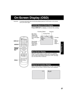 Page 272727
TV Operation
  TV/VCR Status & Clock Display
Press DISPLAY to display or remove the overlay.
 
Blue Screen Display
When a function button is pressed (PLAY, FF, etc.) or you change 
channels, the unit mode or channel number will be displayed.
CH08
  Channel & Function Display
PLAY
Whenever a blank section of a tape comes up in Playback 
mode, or when the selected channel has no broadcast signal 
with the Weak Signal Display Feature set to “OFF” (see page 
34), the screen will turn solid blue.
REC...