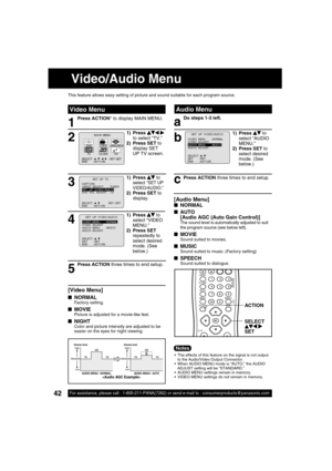 Page 4242For assistance, please call : 1-800-211-PANA(7262) or send e-mail to : consumerproducts@panasonic.com42For assistance, please call : 1-800-211-PANA(7262) or send e-mail to : consumerproducts@panasonic.com
1
Press ACTION* to display MAIN MENU.
 
Audio Menu 
Video Menu
a
Do steps 1-3 left.
This feature allows easy setting of picture and sound suitable for each program source.
1) Press   
 to 
select “AUDIO 
MENU.”
2) Press SET to 
select desired 
mode. (See 
below.)
SELECT :          SET        : SETEND...