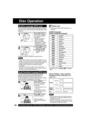 Page 4444For assistance, please call : 1-800-211-PANA(7262) or send e-mail to : consumerproducts@panasonic.com44For assistance, please call : 1-800-211-PANA(7262) or send e-mail to : consumerproducts@panasonic.com
Press SUB TITLE* in 
Play mode to display 
the subtitle selection 
on-screen.
 Display disappears 
after 5 seconds.
  When no subtitles 
are offered, “-” will be 
displayed instead of 
the language number.
AUDIO:3  ESP
Dolby  Digital  3/2.1ch
Hola
SELECT:END         :AUDIO
AUDIO:1  ENG
Dolby...