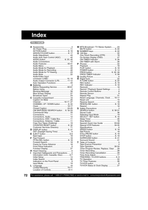 Page 7272For assistance, please call : 1-800-211-PANA(7262) or send e-mail to : consumerproducts@panasonic.com72For assistance, please call : 1-800-211-PANA(7262) or send e-mail to : consumerproducts@panasonic.com
A Accessories ................................................. 4
     AC Power Plug........................................... 11
     ACTION button ...................................... 8, 16
     ADD/DLT/CLEAR button........................ 8, 17
     Audio Adjustment...