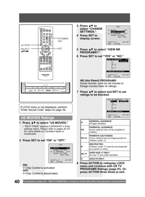 Page 4040For assistance, please call : 1- 800-211- PANA(7262) or, contact us via the web at:http://w w w.panasonic.com /contactinfo
1 Press ▲▼ to select “US MOVIES.”
•  “NEXT PAGE” displays CANADIAN V-Chip 
settings menu. Please refer to pages 42- 43 
for more details on Canadian tapes or 
broadcasts.
If LOCK menu is not displayed, perform 
“Enter Secret Code” steps on page 39.
ON:
V-Chip Control is activated.
OFF:
V-Chip Control is deactivated.
3 Press ▲▼ to 
select “CHANGE 
SETTINGS.”
4  Press SET to 
display...