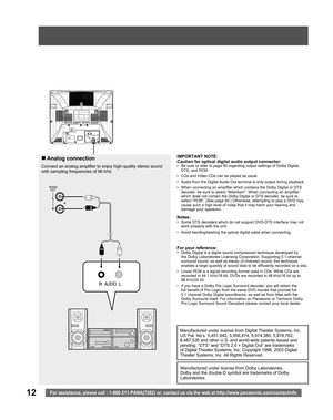 Page 1212For assistance, please call : 1-800-211-PANA(7262) or, contact us via the web at:http://www.panasonic.com/contactinfo
Connect an analog amplifier to enjoy high-quality stereo sound 
with sampling frequencies of 96 kHz.
