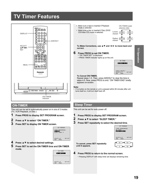 Page 1919
TV Operation
This unit can be set to automatically power on in one of 3 modes 
(TV, VCR Playback, or Disc.)Note:
•  If no button on the remote or unit is pressed within 60 minutes after unit 
turns itself on, it will turn itself back off.
1  Press PROG to display SET PROGRAM screen.
To Cancel ON-TIMER,
Repeat steps 1-3. Then, press ADD/DLT to clear the time in 
steps 4-5. Now, press PROG to end. “ON TIMER END” briefly 
appears on-screen.
2 Press ▲▼ to select “ON TIMER.”
3  Press SET to display ON...