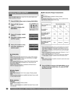Page 5050For assistance, please call : 1-800-211-PANA(7262) or, contact us via the web at:http://www.panasonic.com/contactinfo
Select the digital output to be output from the optical digital audio 
output connector of the unit.
