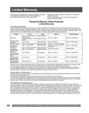 Page 6060For assistance, please call : 1-800-211-PANA(7262) or, contact us via the web at:http://www.panasonic.com/contactinfo
Limited Warranty
PANASONIC CONSUMER ELECTRONICS COMPANY, DIVISION 
OF PANASONIC CORPORATION OF NORTH AMERICA
One Panasonic Way Secaucus, New Jersey 07094PANASONIC SALES COMPANY, DIVISION OF PANASONIC 
PUERTO RICO, INC.,
AVE. 65 de Infantería, Km. 9.5 San Gabriel Industrial Park, 
Carolina, Puerto Rico 00985
Panasonic/Quasar Video Products
Limited Warranty
Limited Warranty Coverage
If...