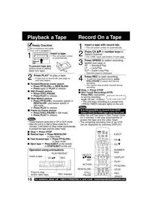 Page 1818For assistance, please call : 1-800-211-PANA(7262) or send e-mail : consumerproducts@panasonic.com
Operation using unit buttons
REC Indicator Insert a tape.
Record On a Tape
Playback a Tape
1
Insert a tape.
Press PLAY* to play a tape.
2
The unit power comes
on automatically.
To prevent tape jam,remove loose or peeling
labels from tapes.
Forward/Reverse scene search
➛ ➛➛ ➛
➛Press FF/SLOW+ or REW/SLOW-.
➛ ➛➛ ➛
➛Press again or PLAY to release.
Still (Freeze) picture
➛ ➛➛ ➛
➛Press STILL/PAUSE.
➛ ➛➛ ➛...