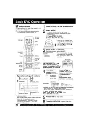 Page 2020For assistance, please call : 1-800-211-PANA(7262) or send e-mail : consumerproducts@panasonic.com
4
Press   or
number key(s) (see
below) to select title
and press SET to
play.
Basic DVD Operation
Ready Checklist
All connections are made. (See pages 11-13.)
Your unit is plugged in.
If unit is connected to an audio amplifier,
turn the stereo system’s power on.1
Press POWER* on the remote or unit.
Insert a disc.
If a disc is already inserted, go to step 3.
(Depending on the disc, playback may start...