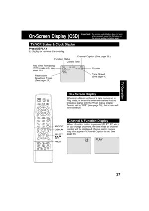 Page 2727
TV Operation
On-Screen Display (OSD)
TV/VCR Status & Clock Display
Press DISPLAY
to display or remove the overlay.
Blue Screen Display
When a function button is pressed (PLAY, FF, etc.)
or you change channels, the unit mode or channel
number will be displayed. (Some station names
may also appear if Channel Caption is set. See
page 38.)
0 8ABC
Channel & Function Display
PLAY
Whenever a blank section of a tape comes up in
Play mode, or when the selected channel has no
broadcast signal with the Weak...