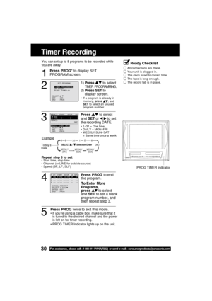 Page 3030For assistance, please call : 1-800-211-PANA(7262) or send e-mail : consumerproducts@panasonic.com
Press PROG to end
the program.
To Enter More
Programs,
press 
 to select
and SET to set a blank
program number, and
then repeat step 3.
Press PROG twice to exit this mode.
If you’re using a cable box, make sure that it
is tuned to the desired channel and the power
is left on for timer recording.
PROG TIMER Indicator lights up on the unit.
Timer Recording
You can set up to 8 programs to be recorded...