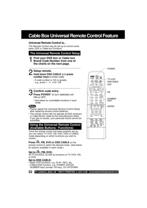 Page 3232For assistance, please call : 1-800-211-PANA(7262) or send e-mail : consumerproducts@panasonic.com
Universal Remote Control is...
The Remote Control may be set up to control some
basic DSS or Cable box functions.
The Universal Remote Control Setup
1
Cable Box Universal Remote Control Feature
Press , FM, DVD or DSS CABLE on the
remote control to select the desired mode. (See below
for buttons available in each mode.)Once the remote control has been properly set up,
you can select TV-VCR, FM, DVD, DSS or...