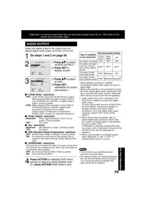 Page 5959
Make settings according to amplifier
connected to optical audio output as shown in
above table.
When a dts decoder is not connected, to enjoy
dts DVD, please select audio output other than
dts on the dts DVD menu screen. Otherwise,
there will be no sound from the unit speakers.
*1 Audio output from unit is converted to 48
kHz/16 bit in addition to audio from digital
audio output.
To enjoy high quality sound at 48 kHz/20 bit /
24 bit or 96 kHz, connect the amplifier or
decoder directly to the audio...