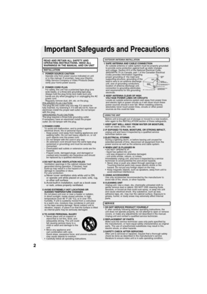 Page 22
Important Safeguards and Pre cau tions
OUTDOOR ANTENNA INSTALLATION
USING THE  UNIT
INSTALLATION
1   POWER SOURCE CAUTION
     Operate only from power source indicated on unit
     or in this manual. If uncertain, have your Electric
     Utility Service Company or Video Products Dealer
     verify your home power source.
2   POWER CORD PLUG
     For safety, this unit has a polarized type plug (one 
wide blade), or a three-wire grounding type plug. 
Always hold the plug  rmly and make sure your 
hands...