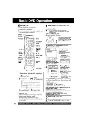 Page 2020For assistance, please call : 1-800-211-PANA(7262) or send e-mail to : consumerproducts@panasonic.com20
Press       
 or 
NUMBER key(s) 
(see below) to 
select title, and 
press SET or PLAY 
to start playing.
  “Pressing SET or 
PLAY” is not 
necessary when using 
NUMBER keys.
41
Insert a disc.  If a disc is already inserted, go to step 3. 
(Depending on the disc, playback may start 
automatically.)
1) Press OPEN/CLOSE.
2) Place disc into disc tray.
2
Press PLAY to start play. Disc tray 
closes...